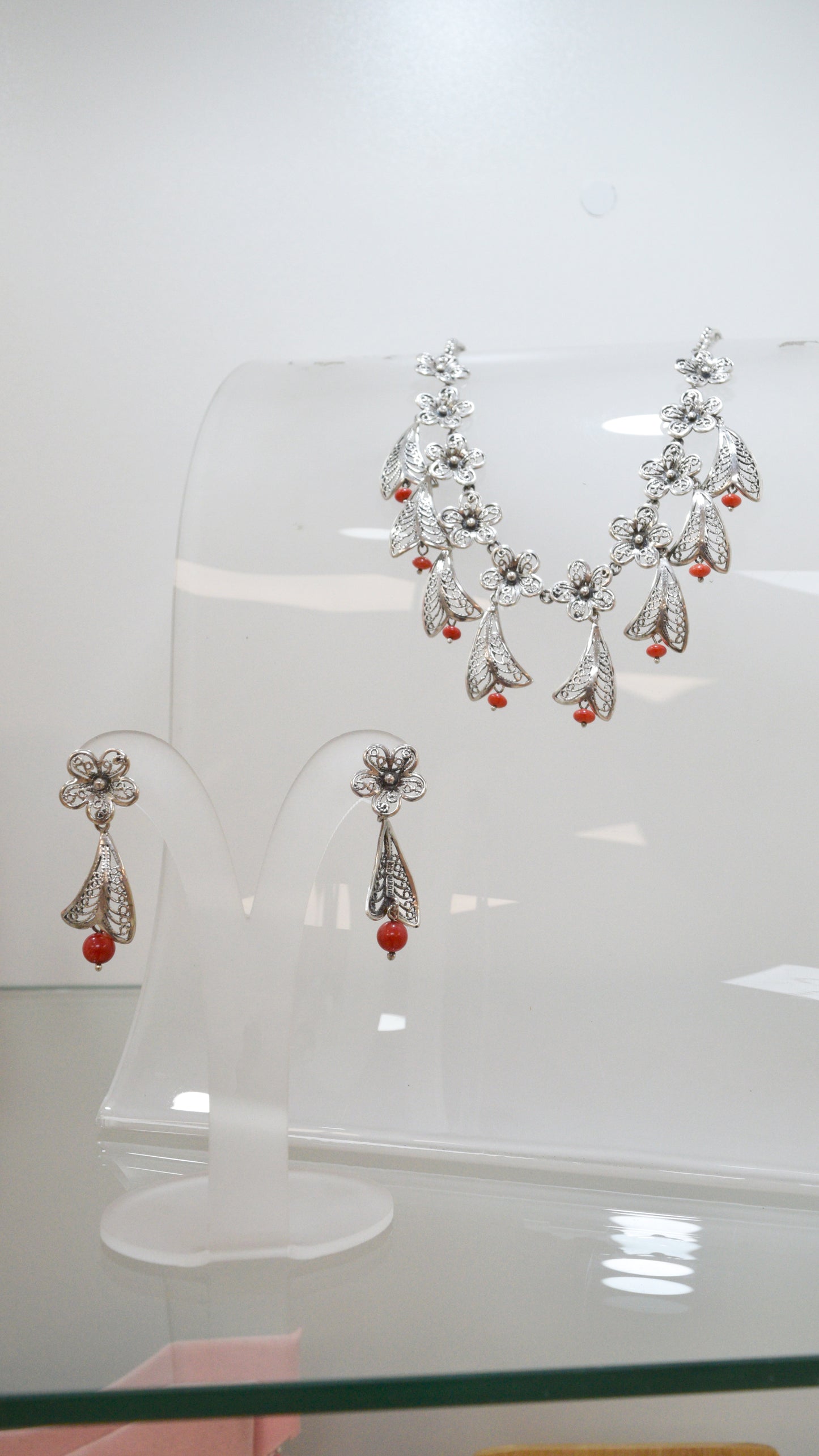 Juego filigrana plata quemada rosas piedra roja - Plata