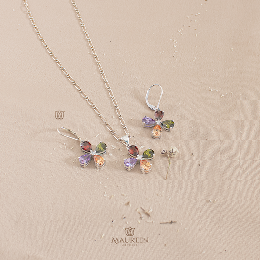 Juego flor colgante cuatro petalos - Plata