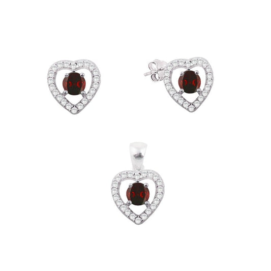 Juego corazón circones piedra rubi pegado  - Plata