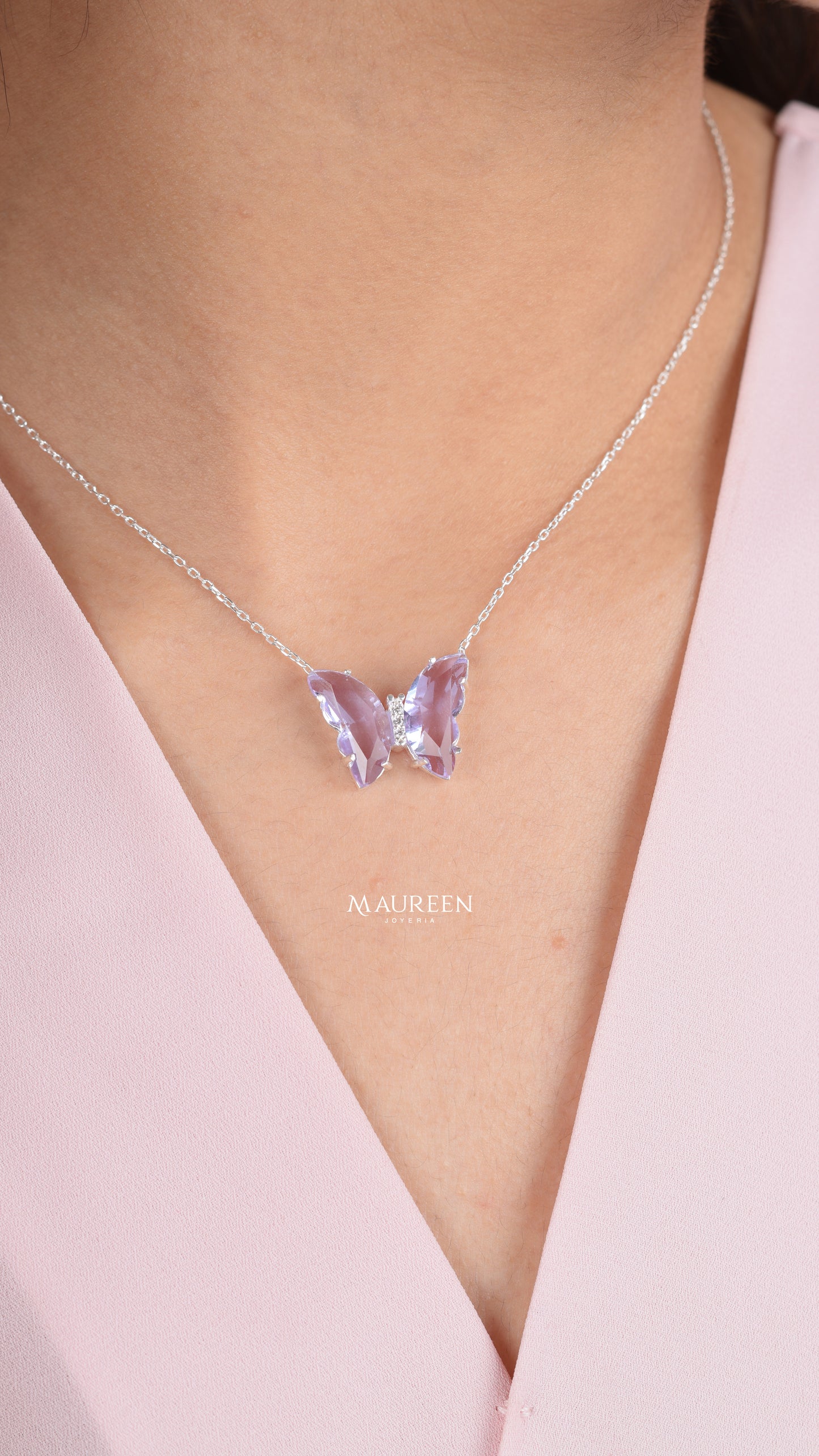 Juego mariposa con cadena piedra amatista pegado  - Plata