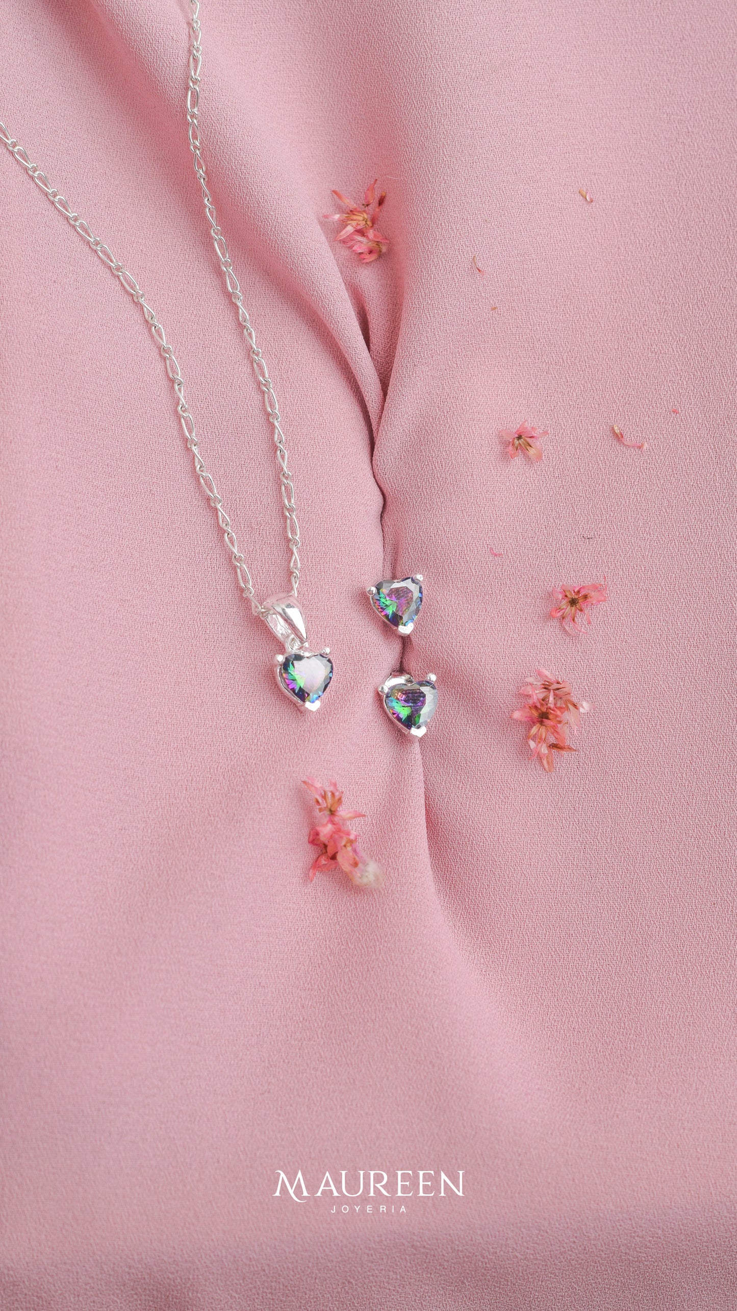 Juego corazon con circon tornasolado - Plata