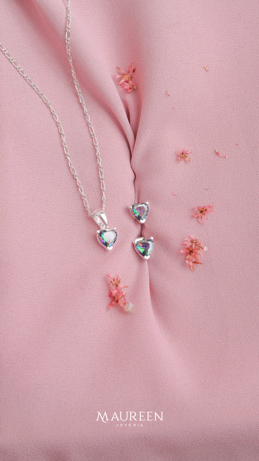 Juego corazon con circon tornasolado - Plata