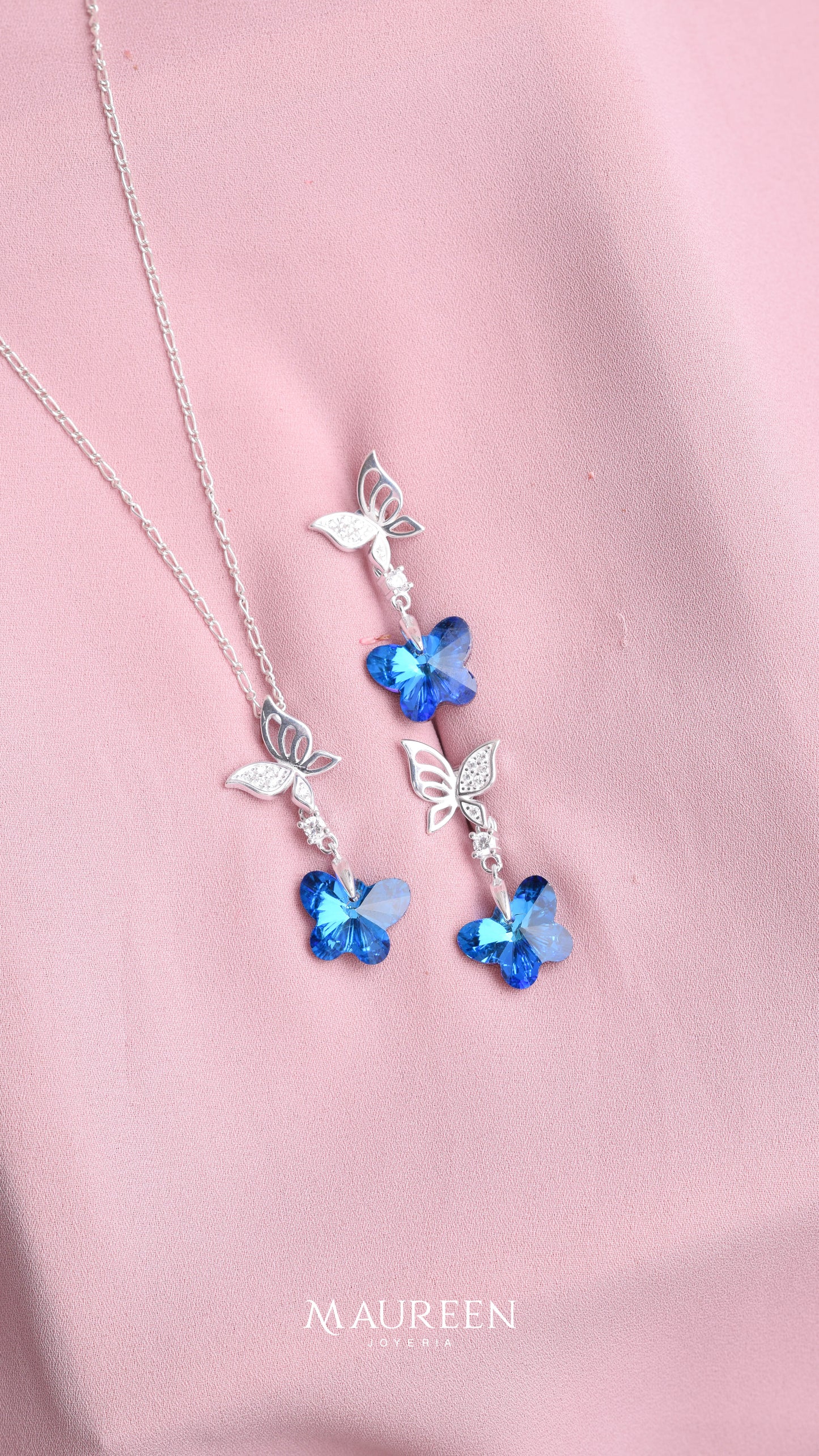 Juego mariposa cristal swarosky azul - Plata