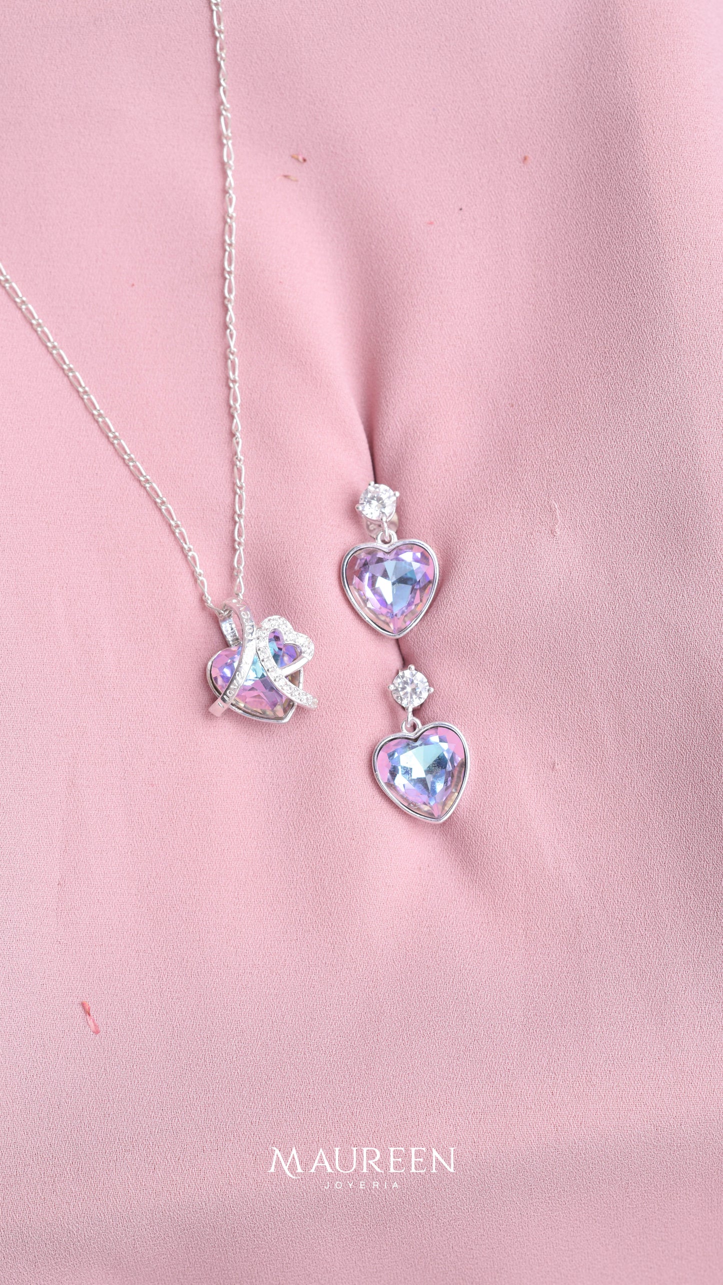 Juego corazon cristal swarosky rosado - Plata