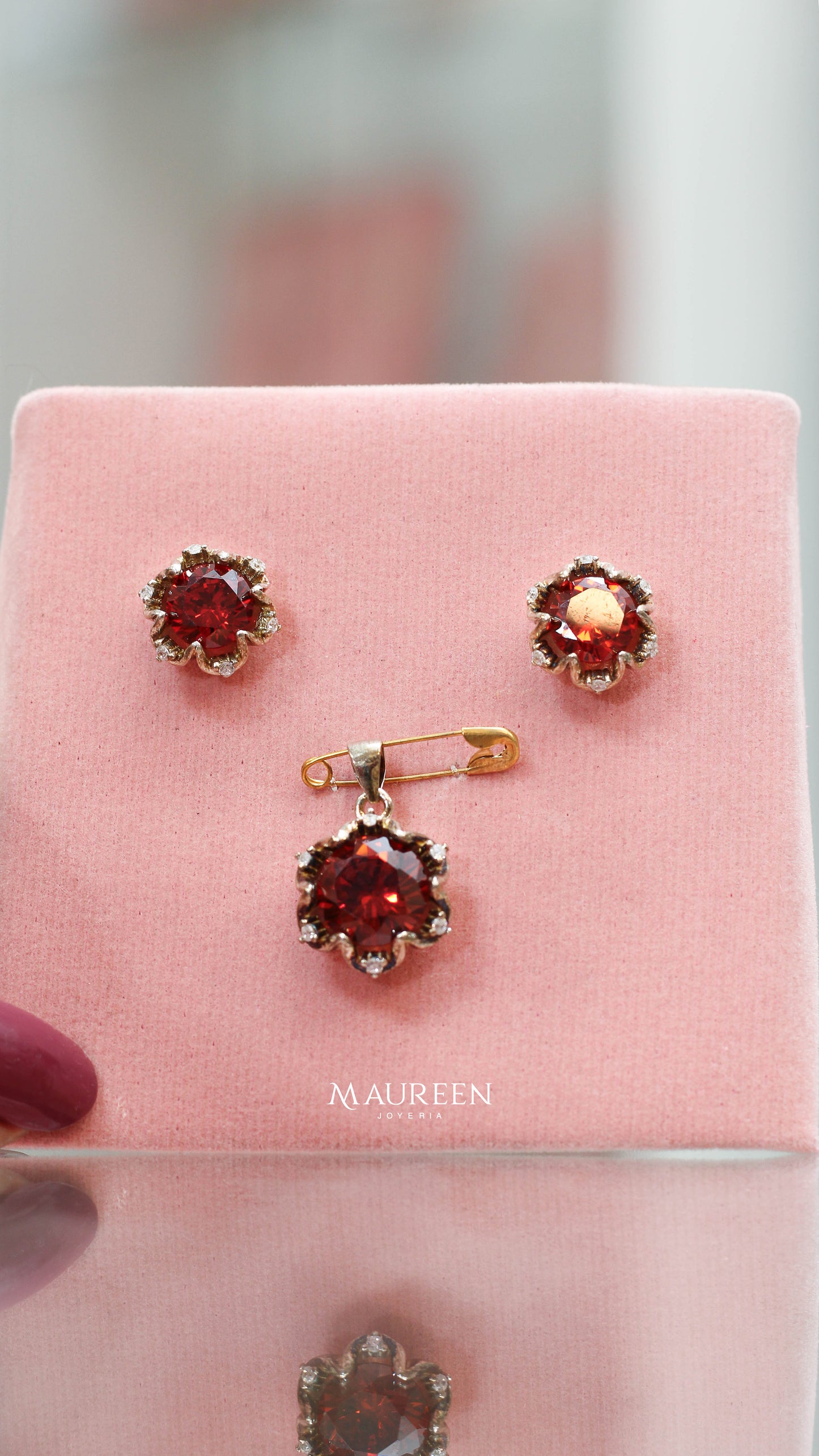 Juego flor piedra orange circon - Plata