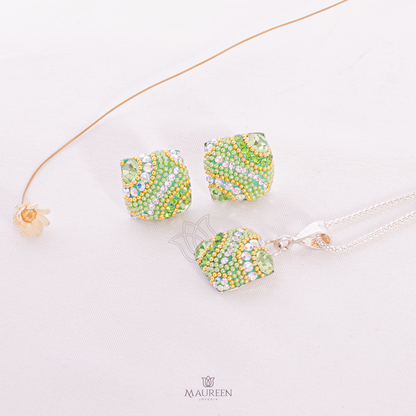 Juego cuadrado verde con circones pegado - Plata