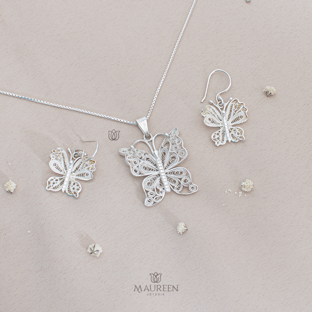 Juego mariposa filigrana colgante - Plata