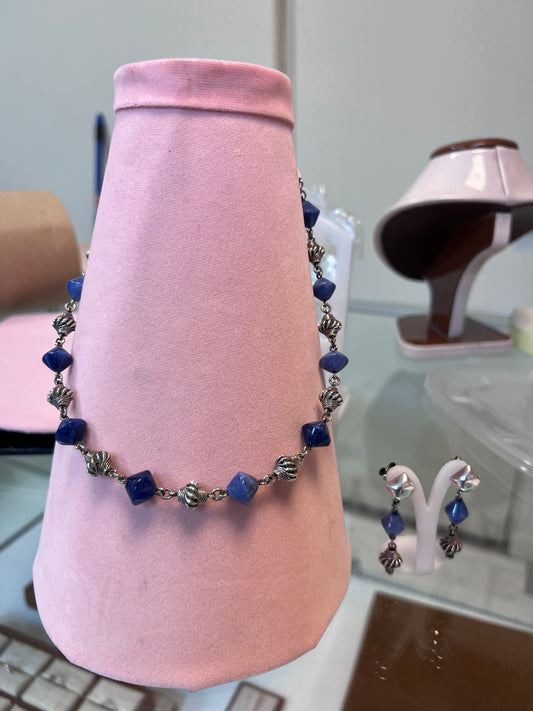 Juego piedra lapiz lazuli natural rombos  - Plata