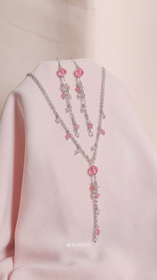 Juego doble cadena circon rosado con blanco colgante - Plata