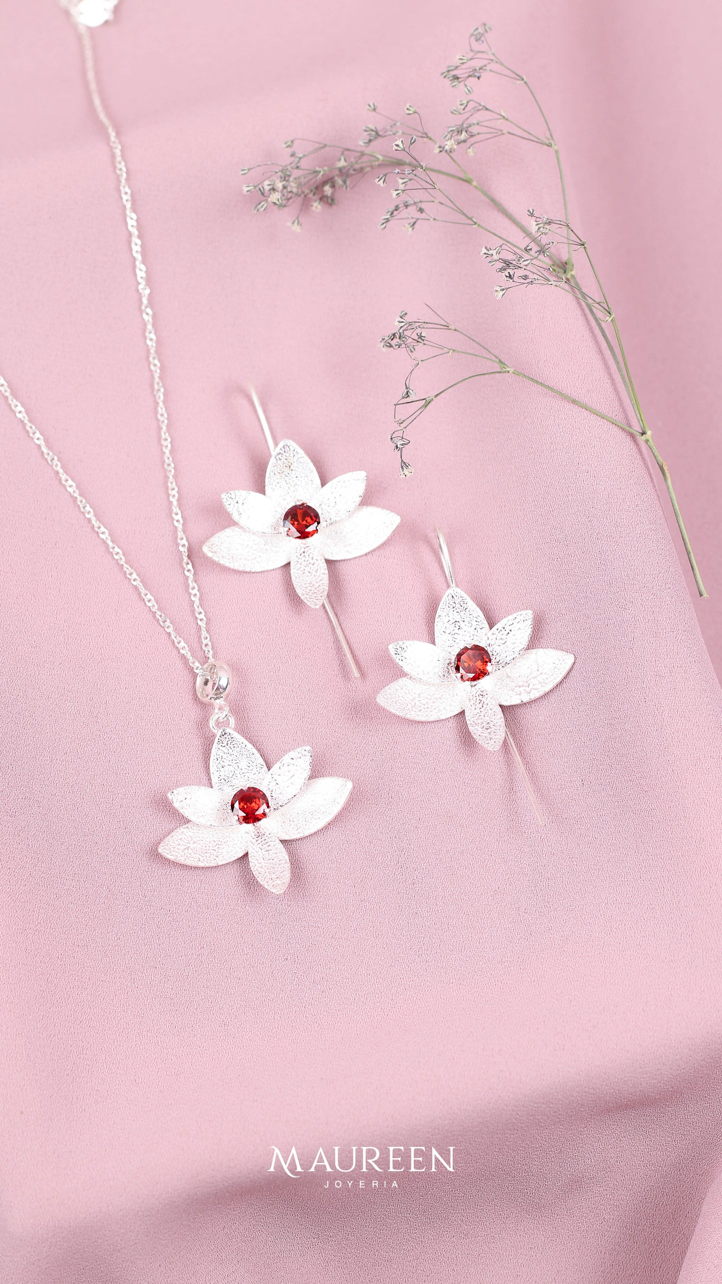 Juego flor orquidea piedra rubi - Plata