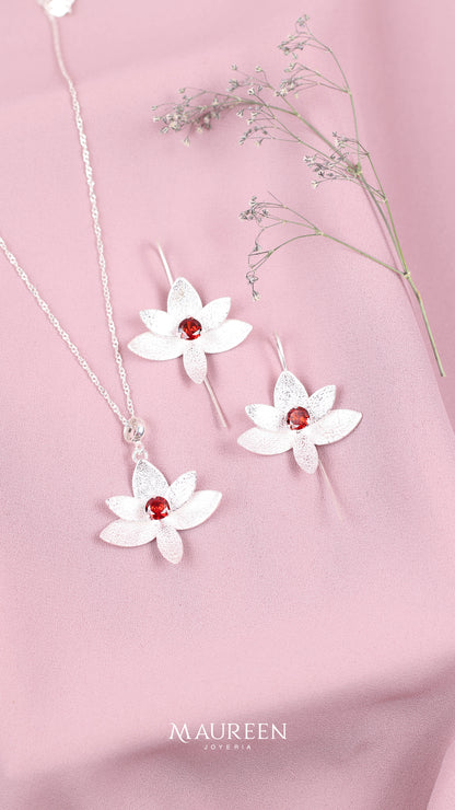 Juego flor orquidea piedra rubi - Plata