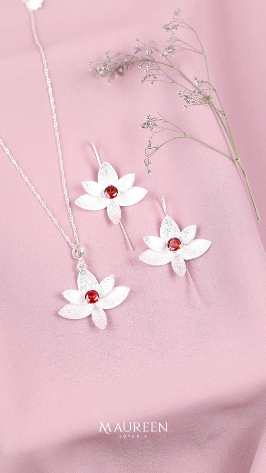 Juego flor orquidea piedra rubi - Plata