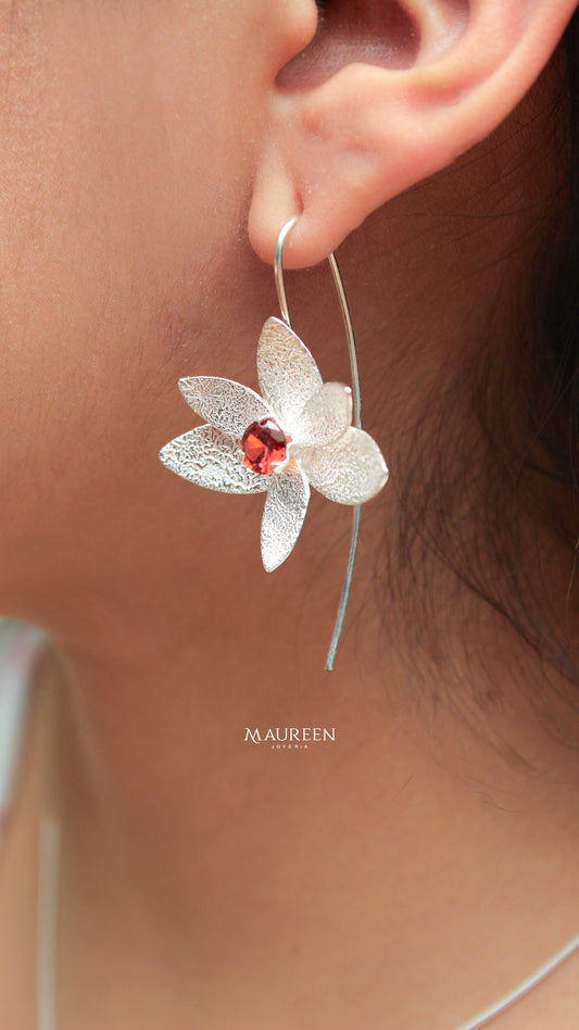 Juego flor orquidea piedra rubi - Plata