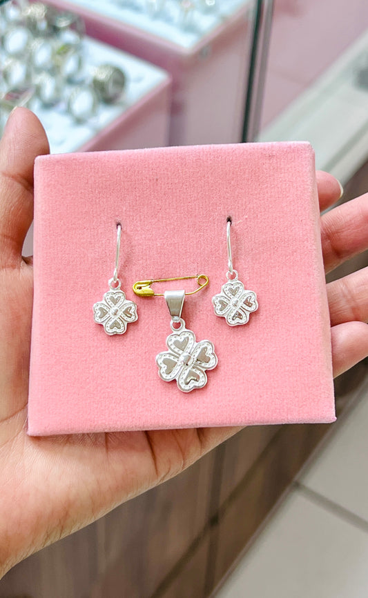 Juego trebol con corazones colgante - Plata