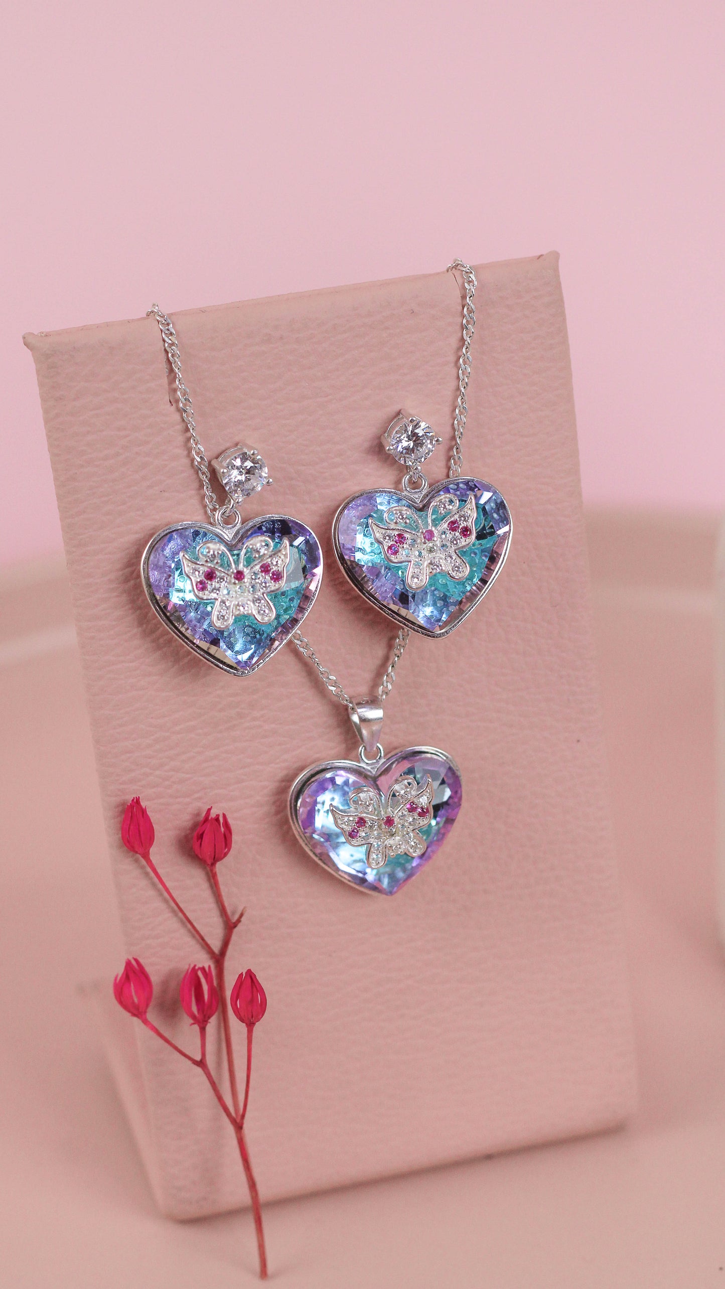 Juego corazon con mariposa - Plata