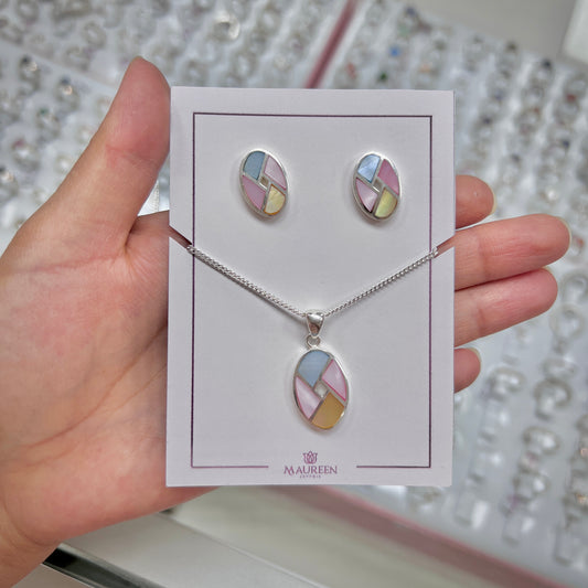 Juego oval piedra natural nacar pegado - Plata