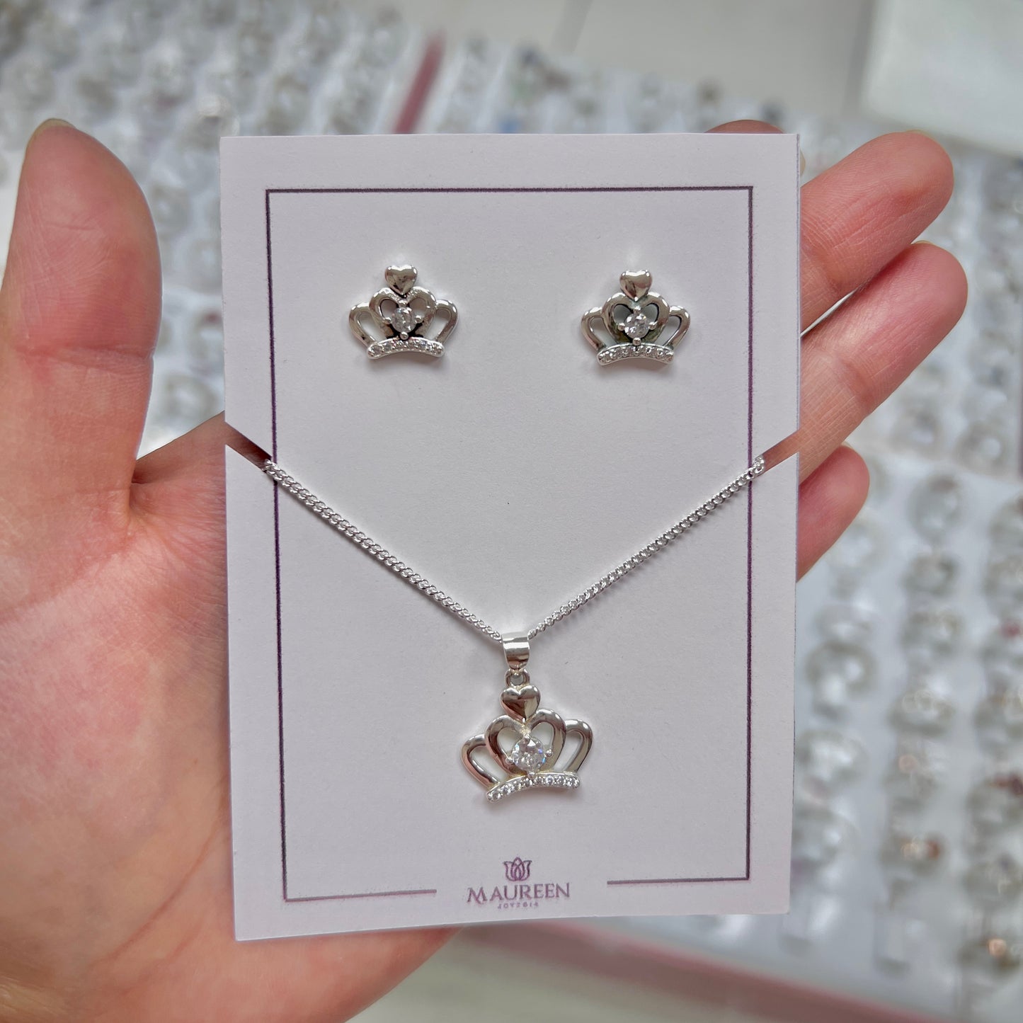 Juego corona con circones pegado - Plata