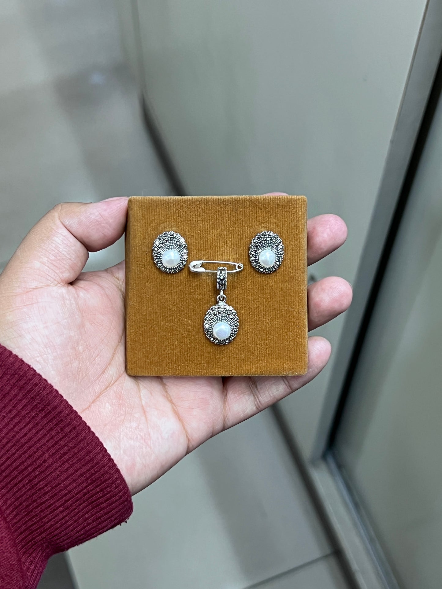 Juego perla ovalado de marquesita - Plata quemada