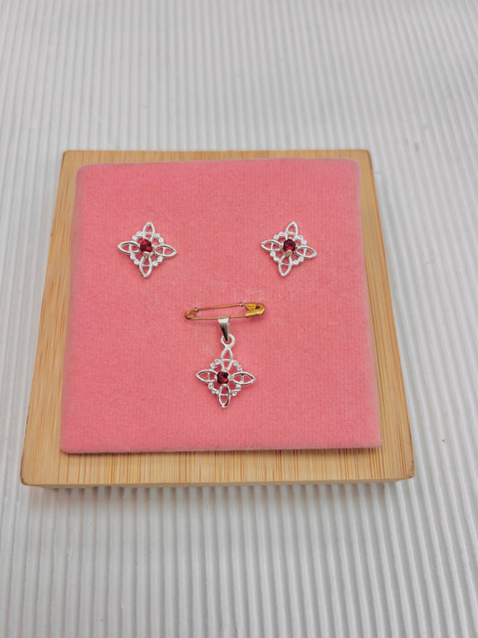 Juego nudo de bruja calado circon rojo pegado - plata