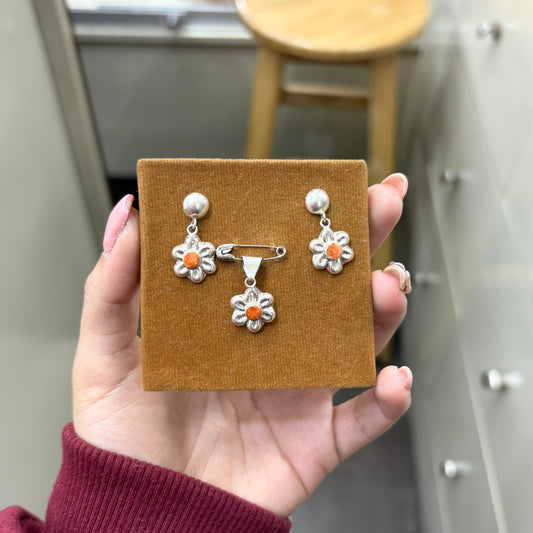 Juego flor piedra spondylus - Plata