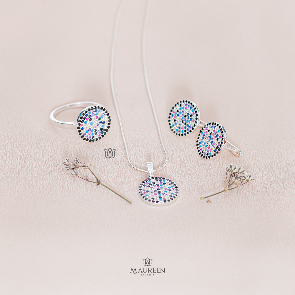 Juego circular negro circones pegado + anillo - Plata