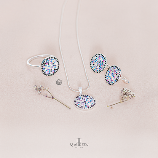 Juego circular negro circones pegado + anillo - Plata