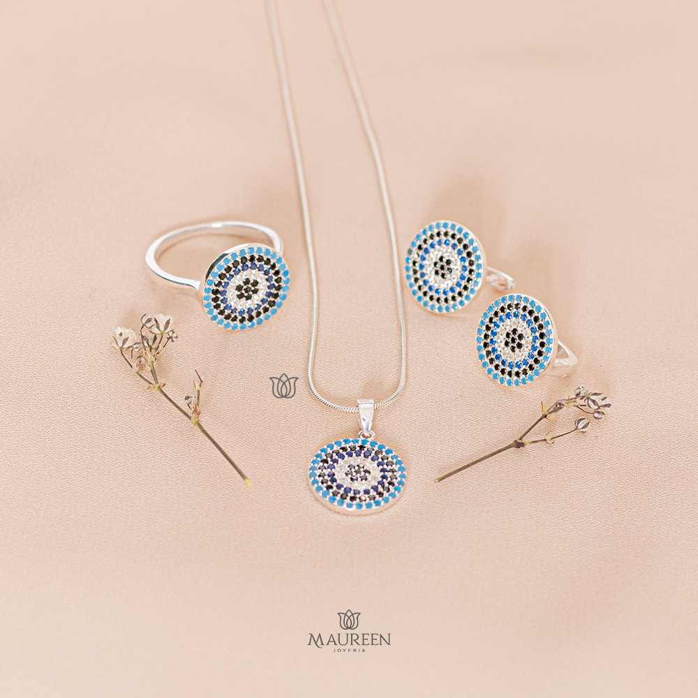 Juego circular circones celeste+ anillo - Plata