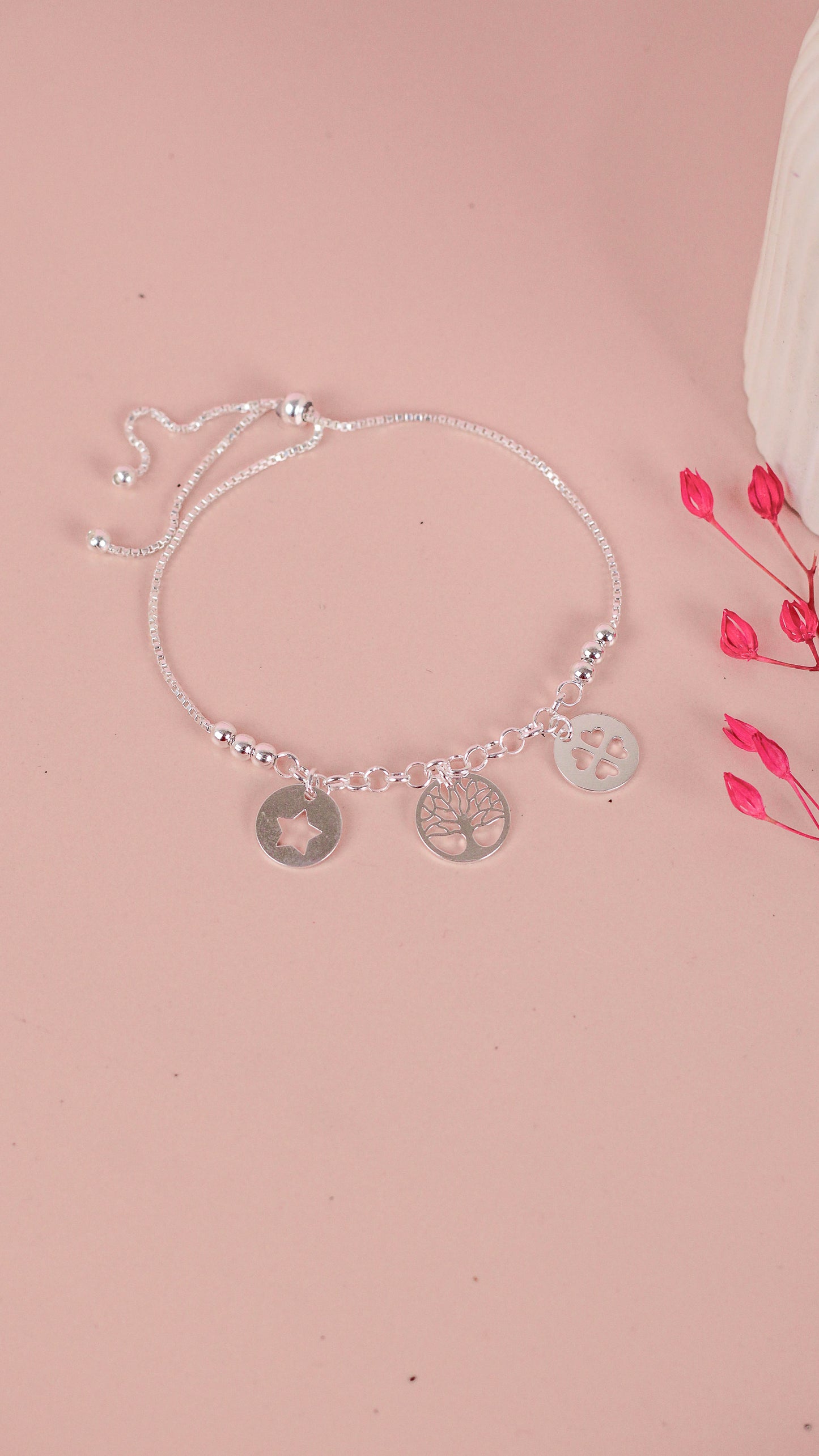 Pulsera ajustable estrella, arbol y trebol - Plata
