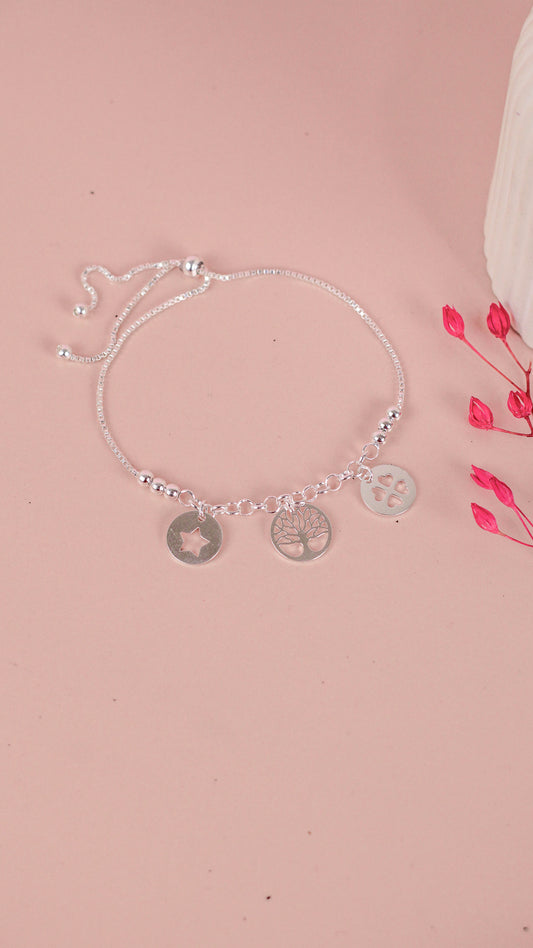 Pulsera ajustable estrella, arbol y trebol - Plata