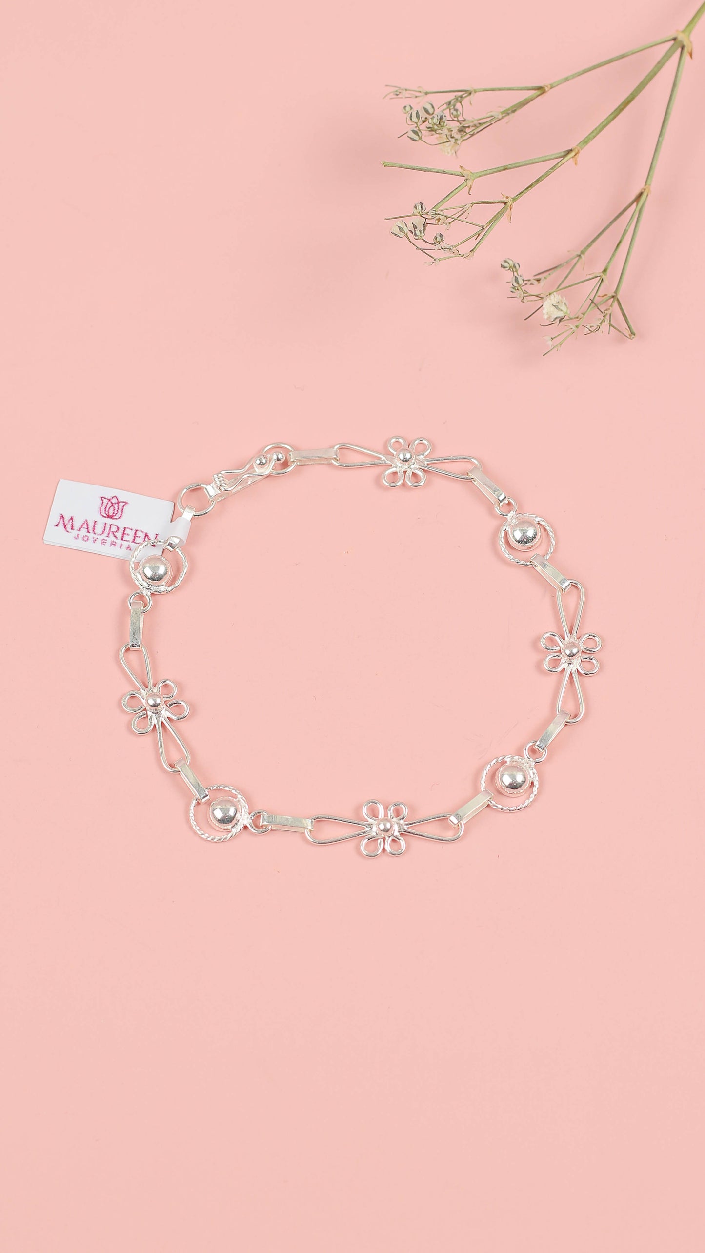 Pulsera flor con circulo  - Plata