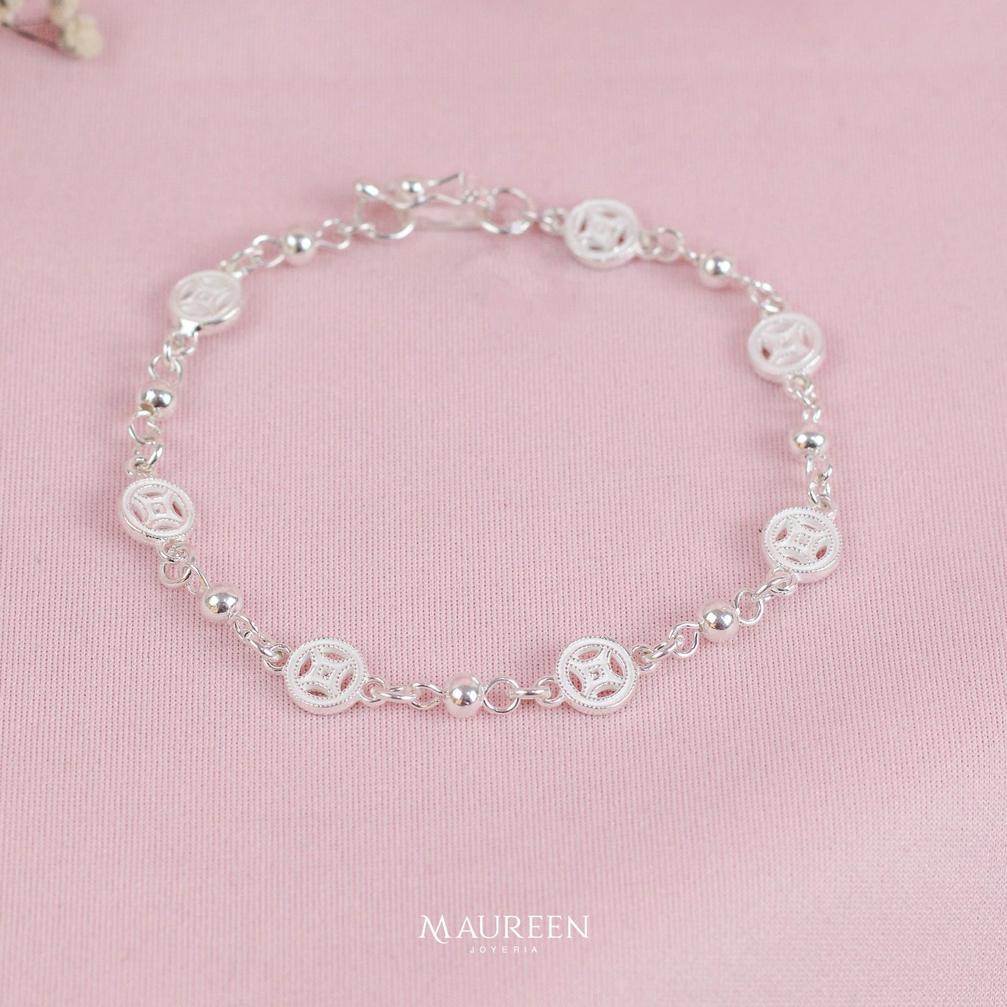 Pulsera moneda de la fortuna y esferas - plata