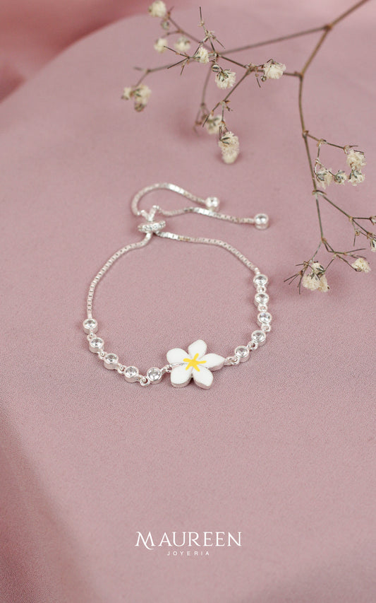 Pulsera ajustable flor esmaltada - Plata
