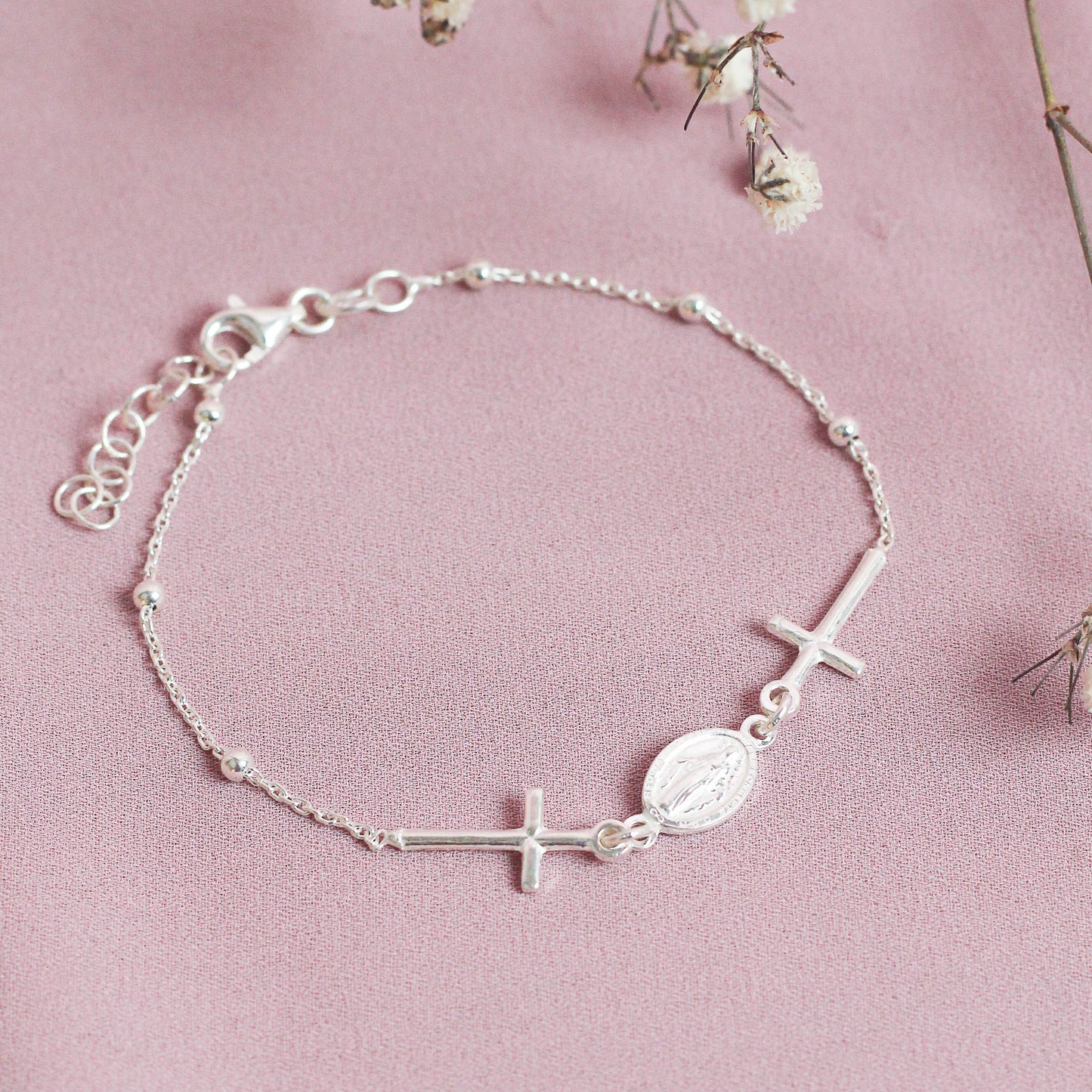Pulsera medalla milagrosa con cruces - Plata