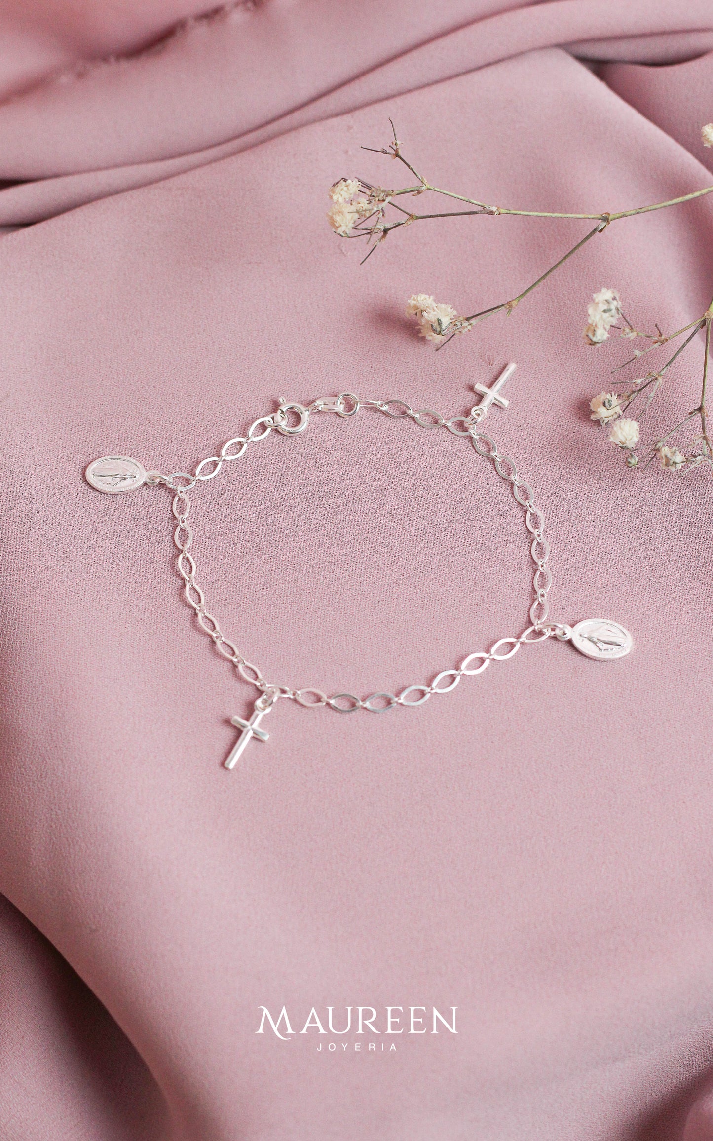 Pulsera dijes colgantes medalla milagrosa y curces - Plata