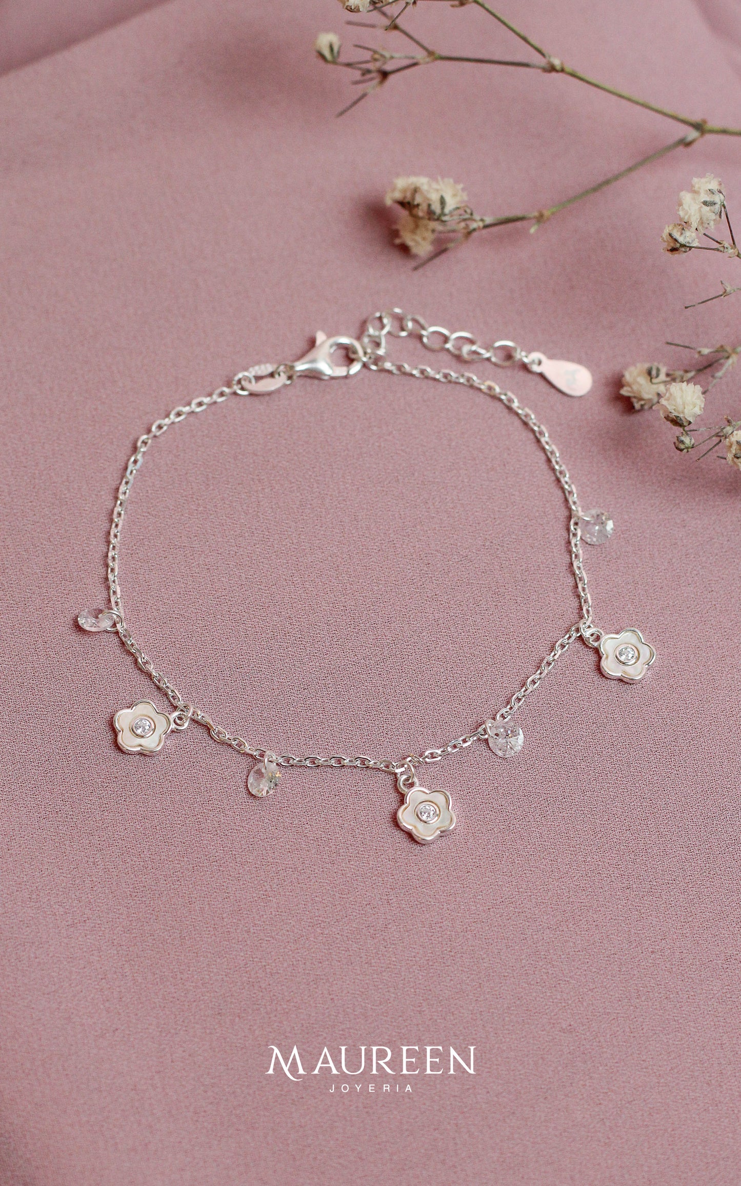 Pulsera dijes flores de nacar - Plata
