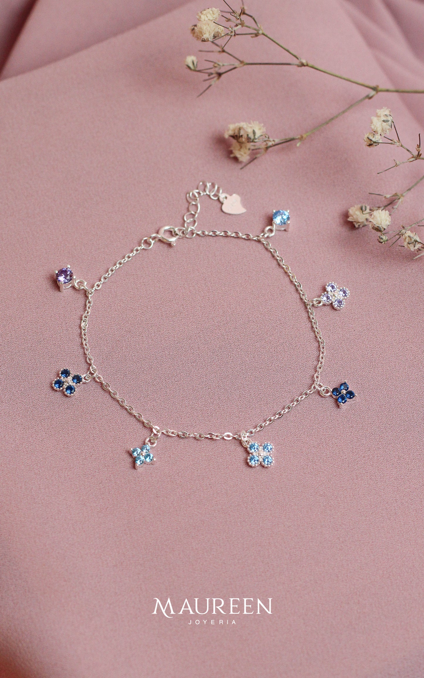 Pulsera dijes trebol y destellos azules - Plata