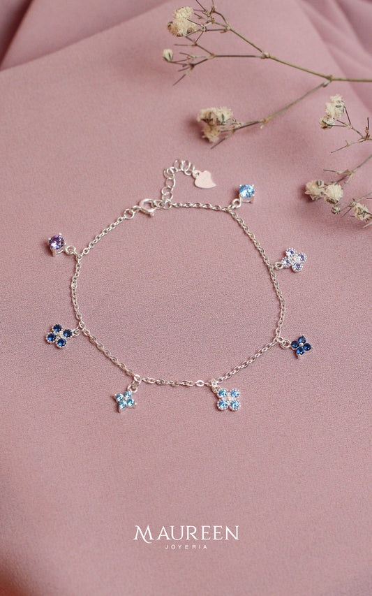 Pulsera dijes trebol y destellos azules - Plata