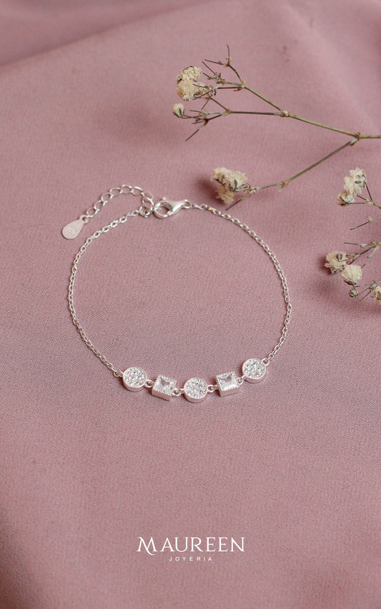 Pulsera cuadrados y circulos circones - Plata