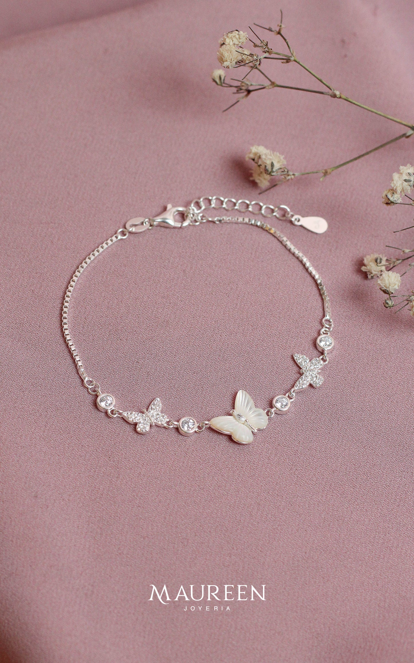 Pulsera mariposa nacar y circones - Plata