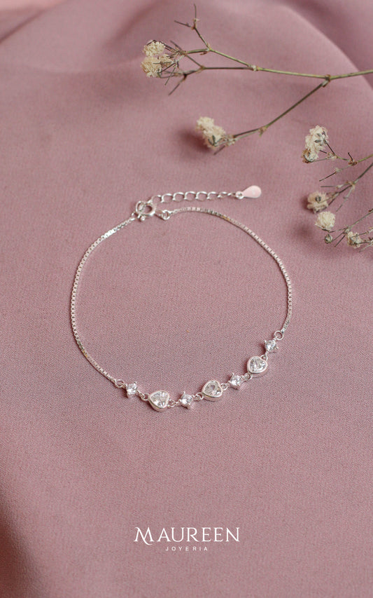 Pulsera corazones con destellos - Plata