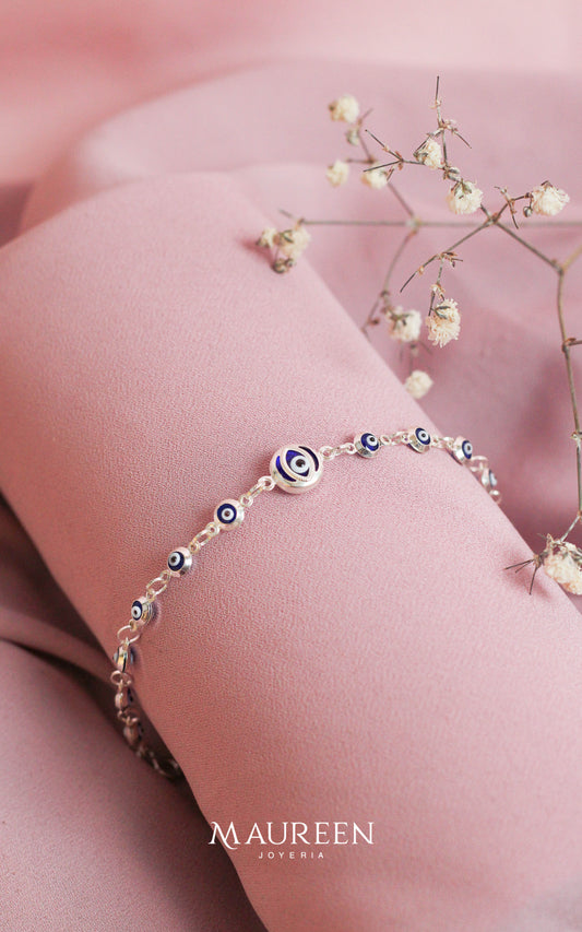 Pulsera ojo turco azul grande y pequeños - Plata