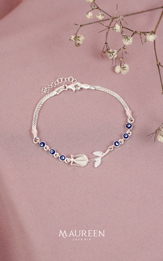 Pulsera tulipan con ojos turcos azules - Plata