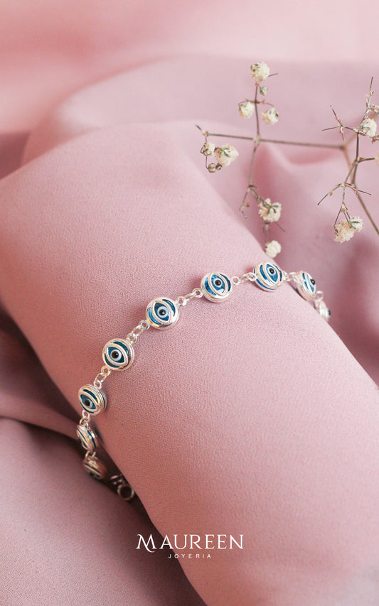 Pulsera ojos turcos celestes grandes - Plata