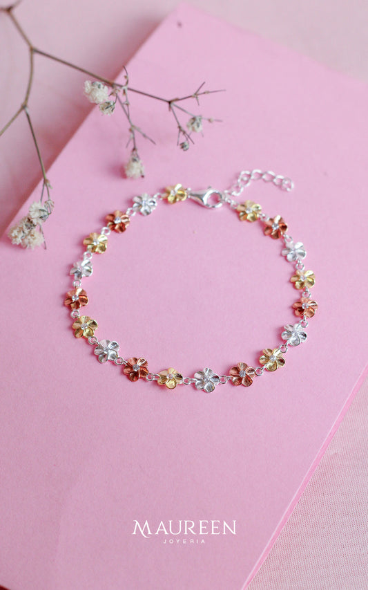 Pulsera flores plata con oro - Plata