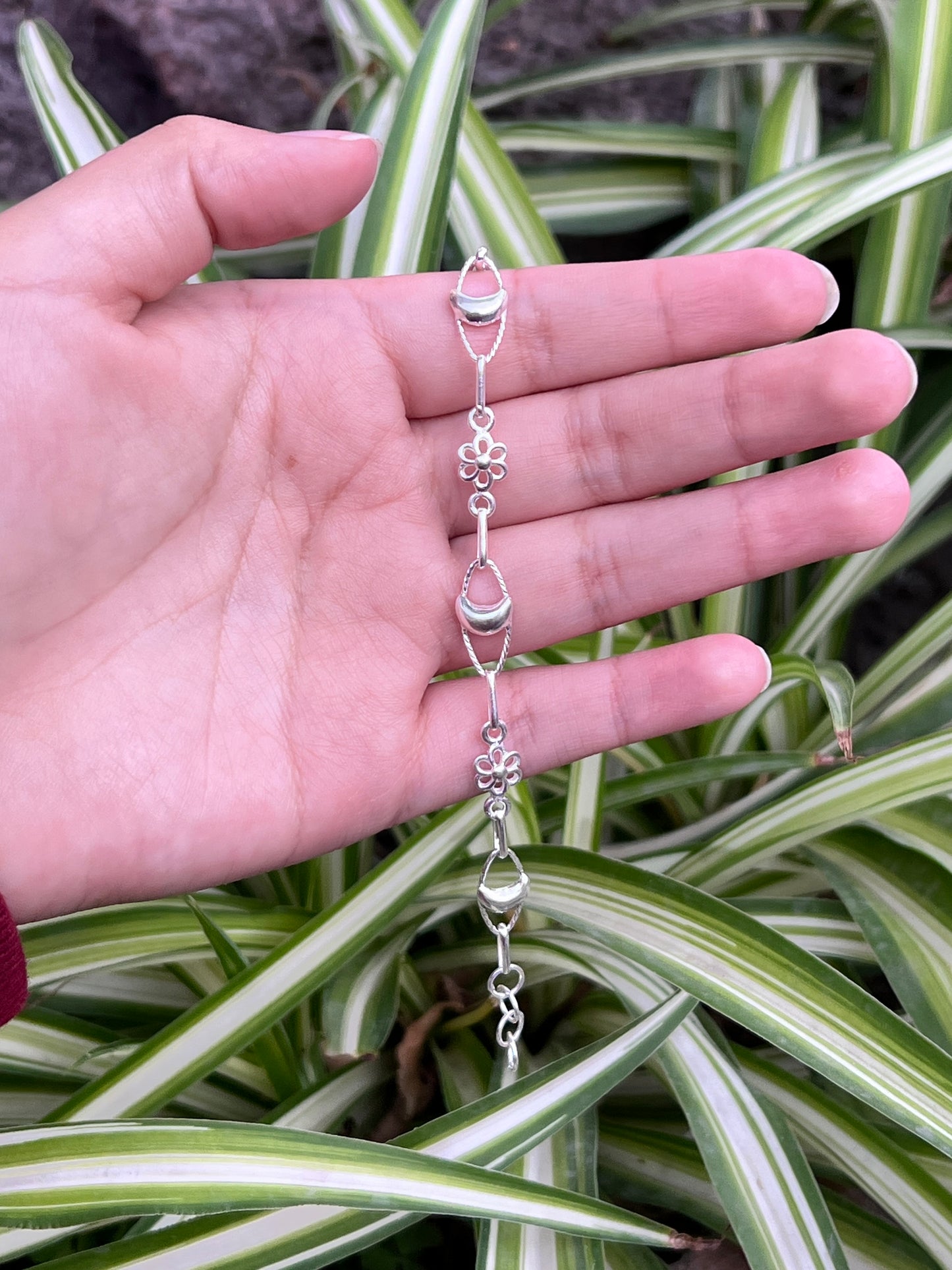 Pulsera flores con luna con entorchado - Plata