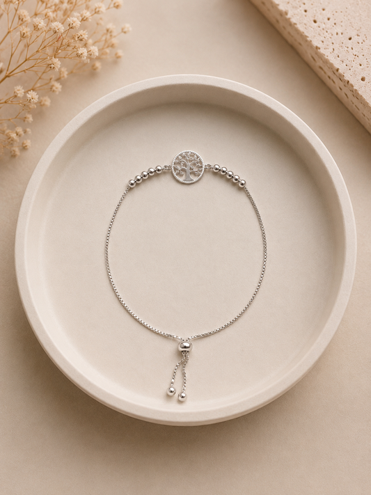 Pulsera ajustable con esferas y arbol de la vida - Plata