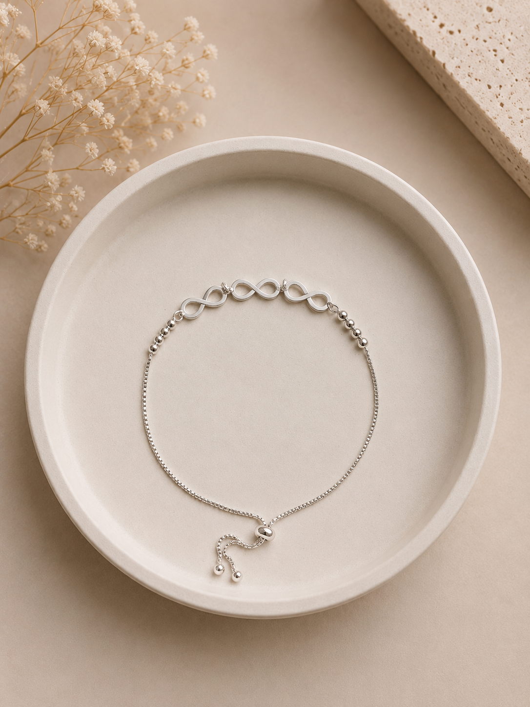Pulsera ajustable 3 infinitos y esferas - Plata