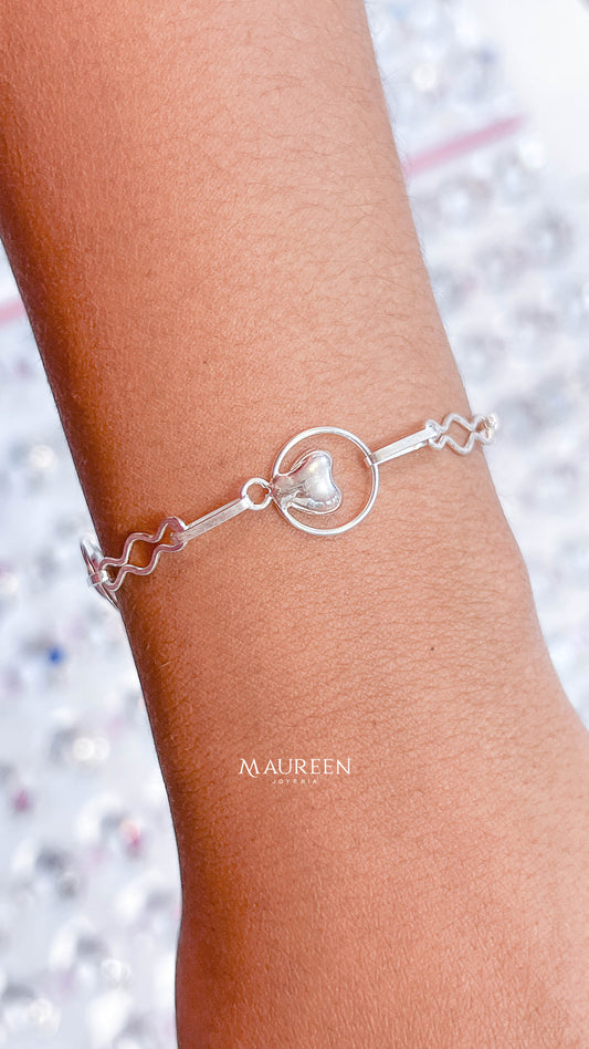 Pulsera corazon con ondas intercalado - Plata