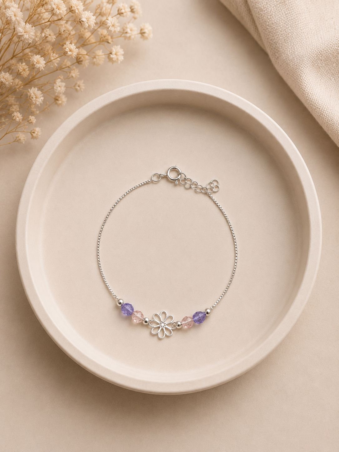 Pulsera con murado y flor calada en medio - Plata