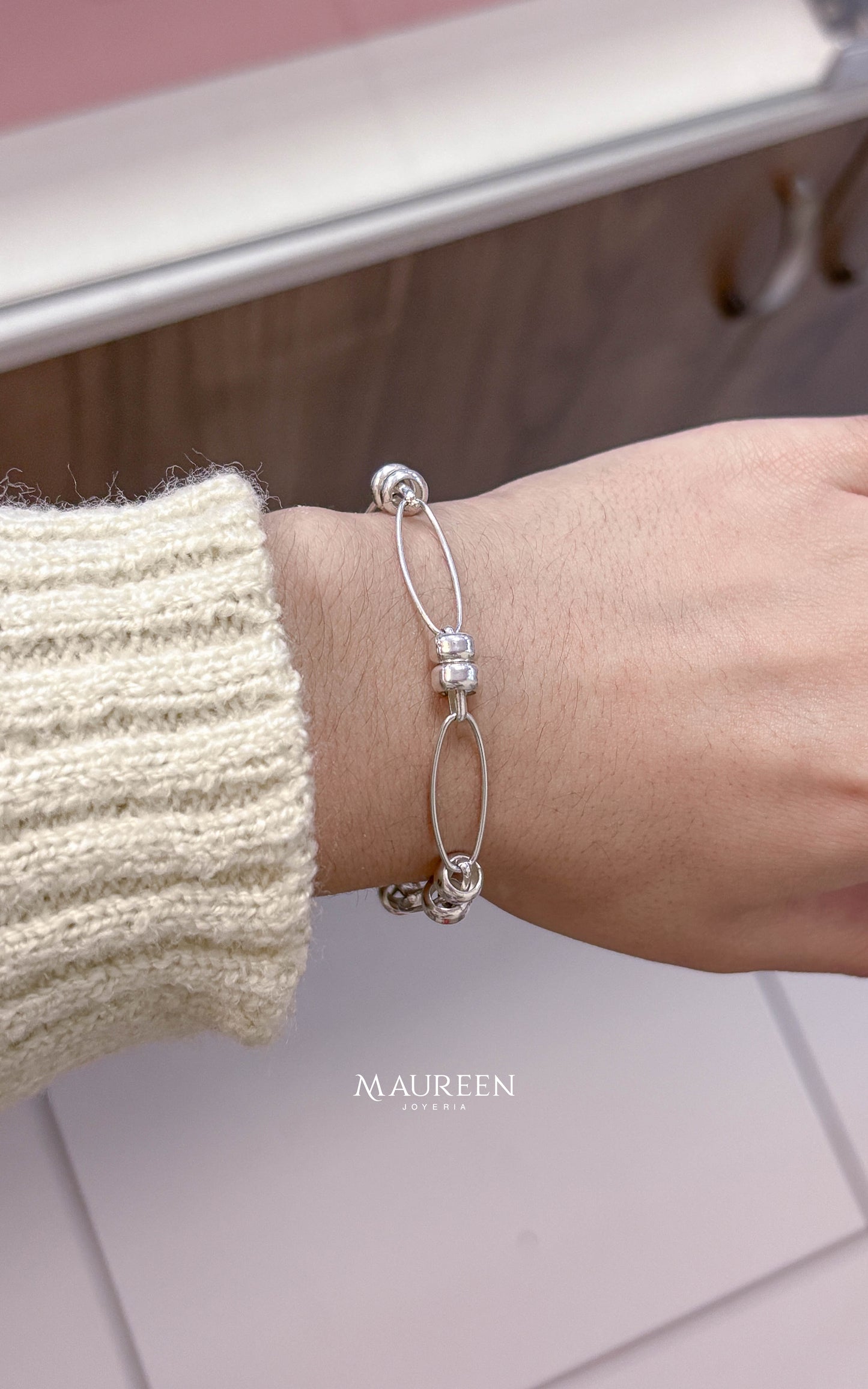 Pulsera dos donas y ovalo - Plata